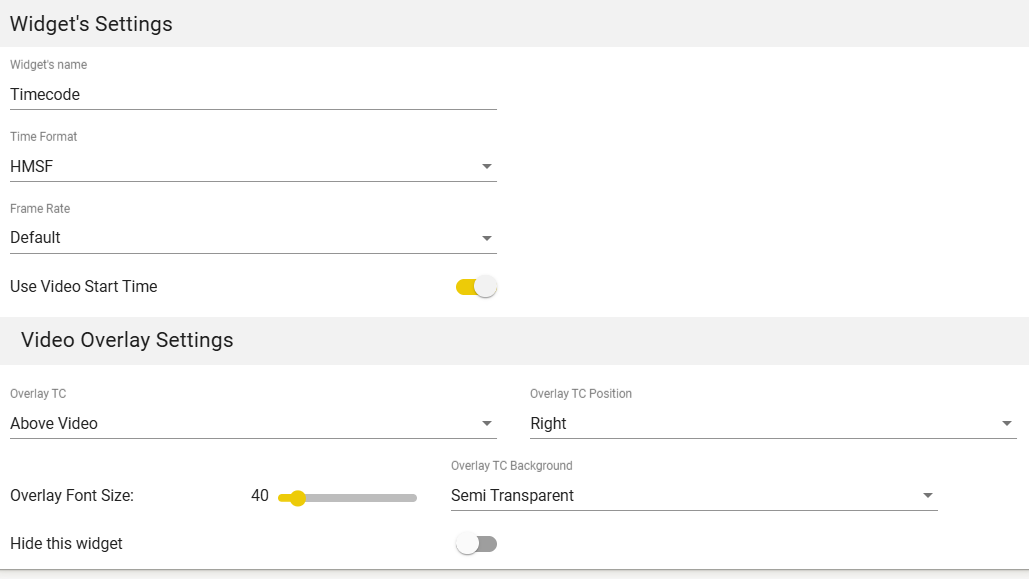Timecode widget settings